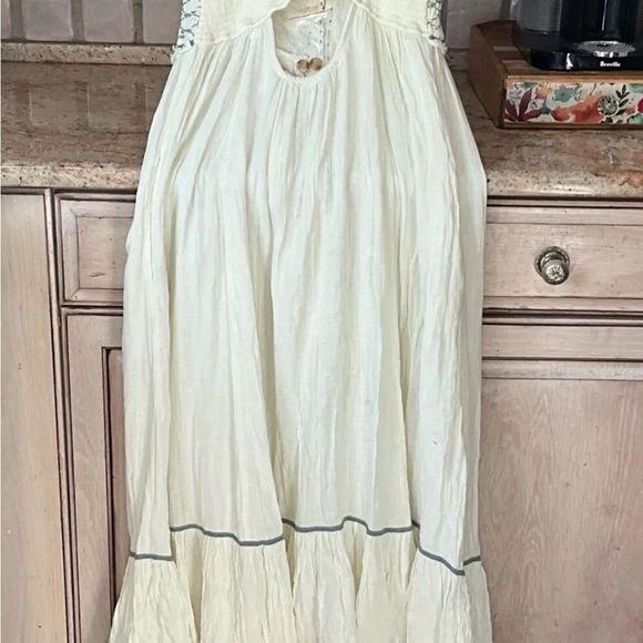 Free People Linda Jo Midi Dress Ruffled Hem SmockTop Button Up Ivory Blue Green - Picture 5 of 7